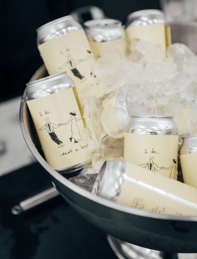 Personalized wedding cans fully printed with illustrated artwork